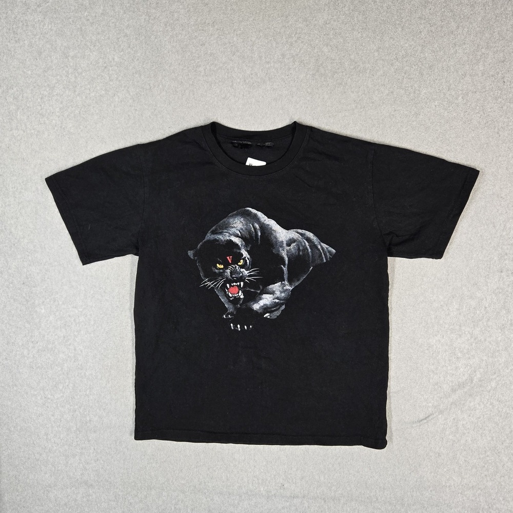 Vlone Men Shirt L Black Graphic Panther Grunge Print Short Sleeve